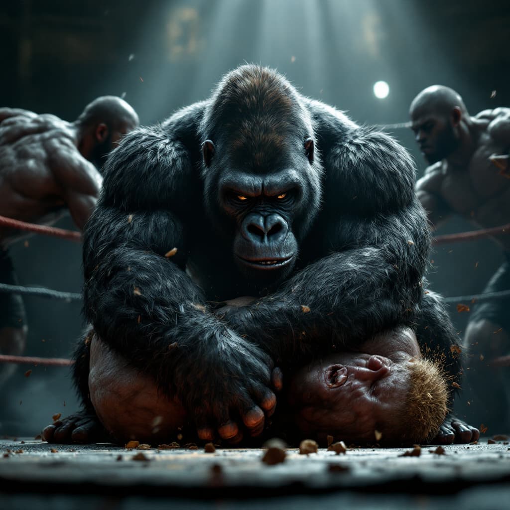 AI generated: Cinematic professional 3D animation of a gorilla  in a gym ring surrounded physically fit black men ...