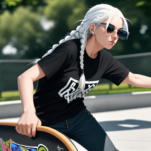 AI generated: girl with white hair, braided, wearing large sunglasses, a large black T-shirt,  skateboarding in th...