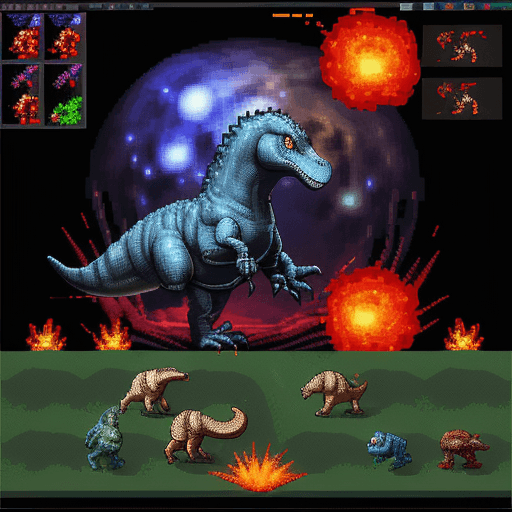 AI generated: 32 pixels per 32 pixels sprites of dinosaurs, meteors, with flames, water balls bullets and explosio...