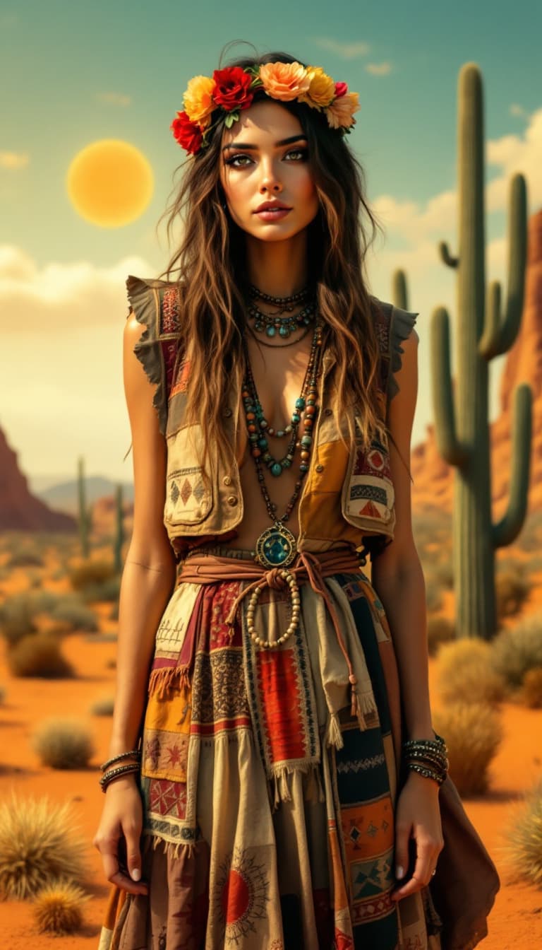 AI generated: A captivating portrait of a bohemian woman, art style, wearing a patchwork of various fabrics in a m...