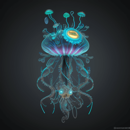 AI generated: Holographic, 3D render of a aqua man steampunk jelly fish, no watermark,chromatic color palette, cir...