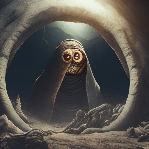 AI generated: scary creature that looks like a burrito, full body, human eyes, cave in the background, humann ches...