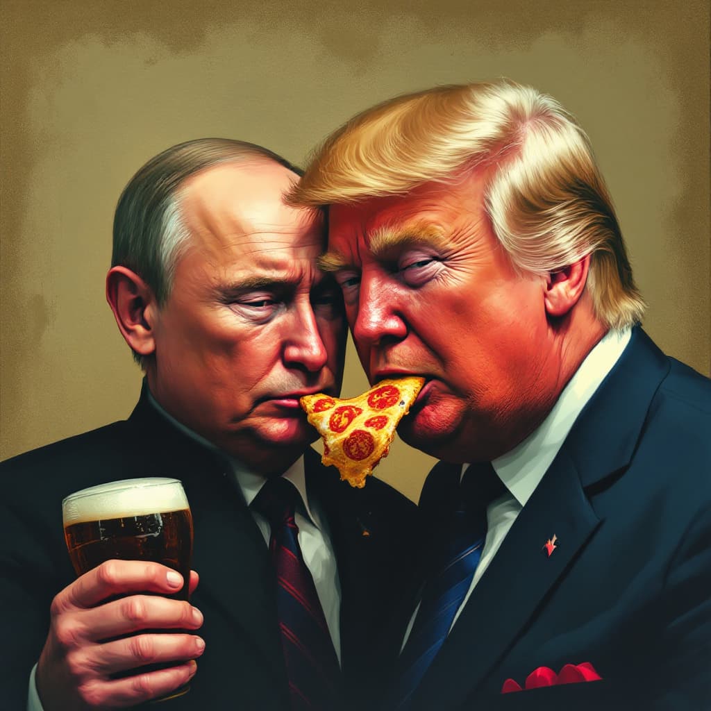 AI generated: Stylized portrait of a Putin with Donald trump drinking beer and eatind cokies confident expression,...