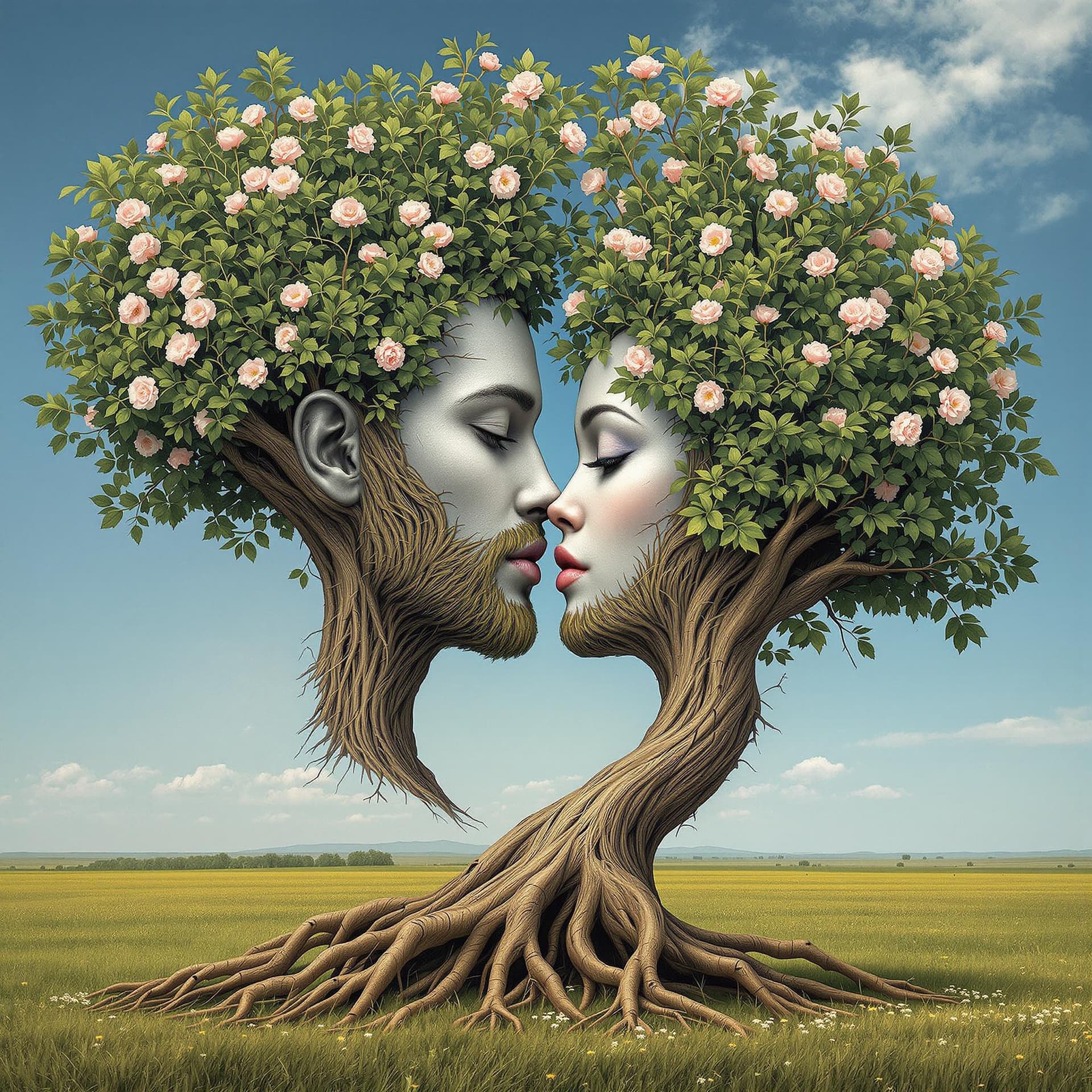 AI generated: A captivating surreal realistic artwork featuring a mesmerizing fusion of human and nature. A male a...