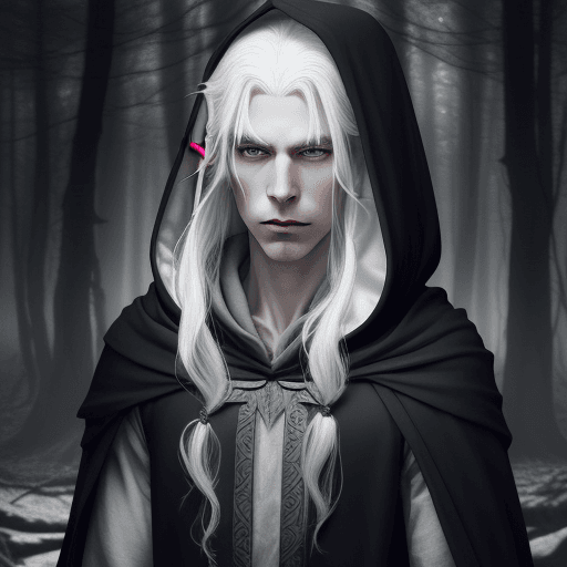 AI generated: Pale elf with white hair and a somber expression wearing a hooded dark cloak. Dark forest background
