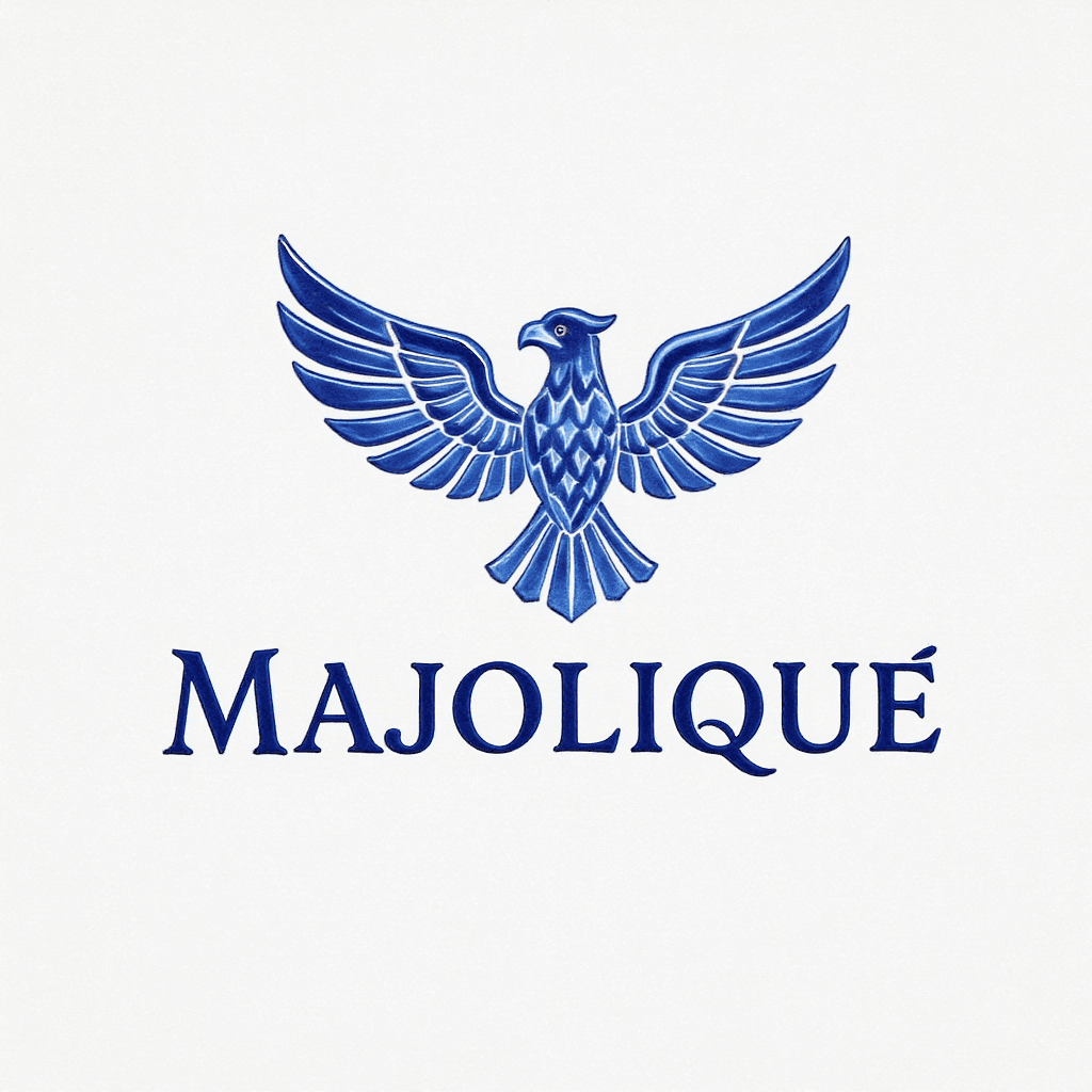 AI generated: logotipo "majolique" en color azul como artesania acuarela ceramica y con simbolo como aguila
