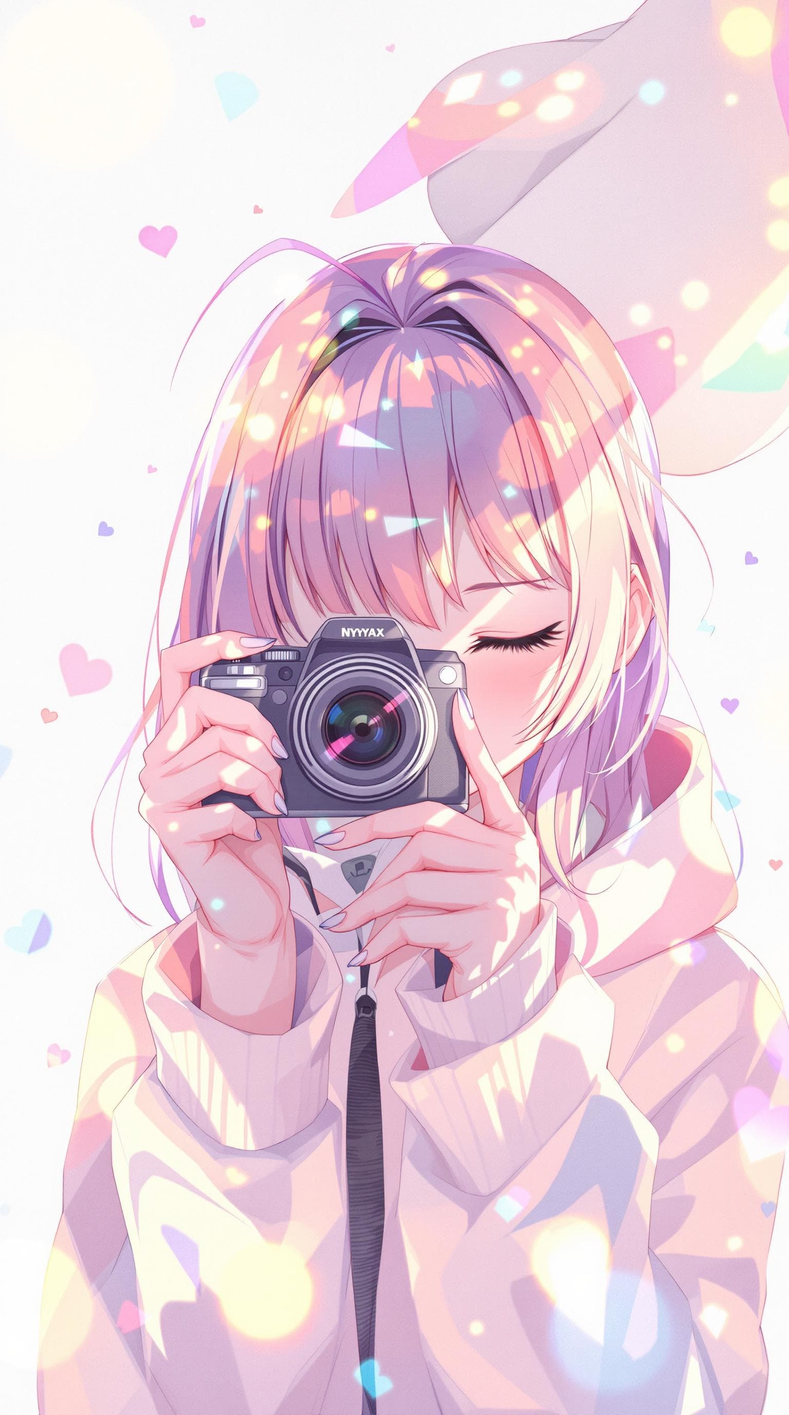 AI generated: A vibrant anime, background white, capturing a moment with a digital camera, playfully closing one e...