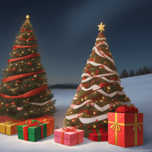 AI generated: Un arbolito navideño, con regalos y luis hermosas, y abajo un texto By Ruth Fernández  y más arriba ...