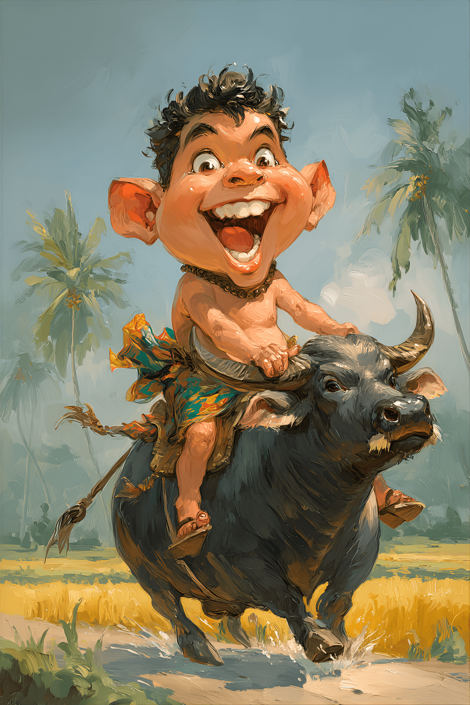 AI generated: funny caricature, cheerful cartoon boy, 8 years old, excited, wide-eyed, grinning, round-faced figur...