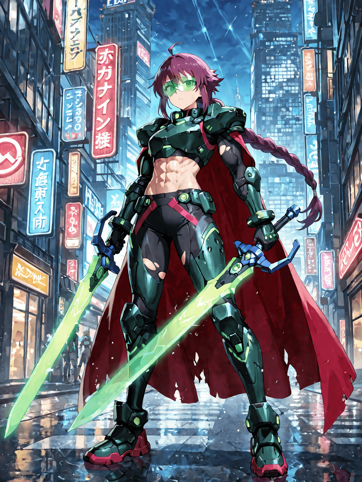 AI generated: a fierce anime-style female warrior standing confidently in front of a futuristic neon-lit cityscape...