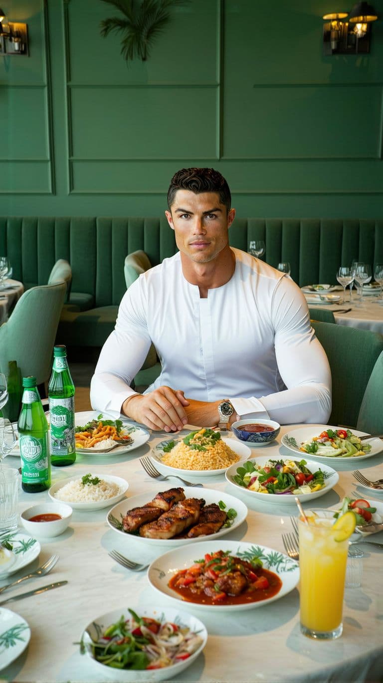 AI generated: Cristiano Ronaldo sits at a round dining table in a stylish, modern restaurant, dressed in tradition...