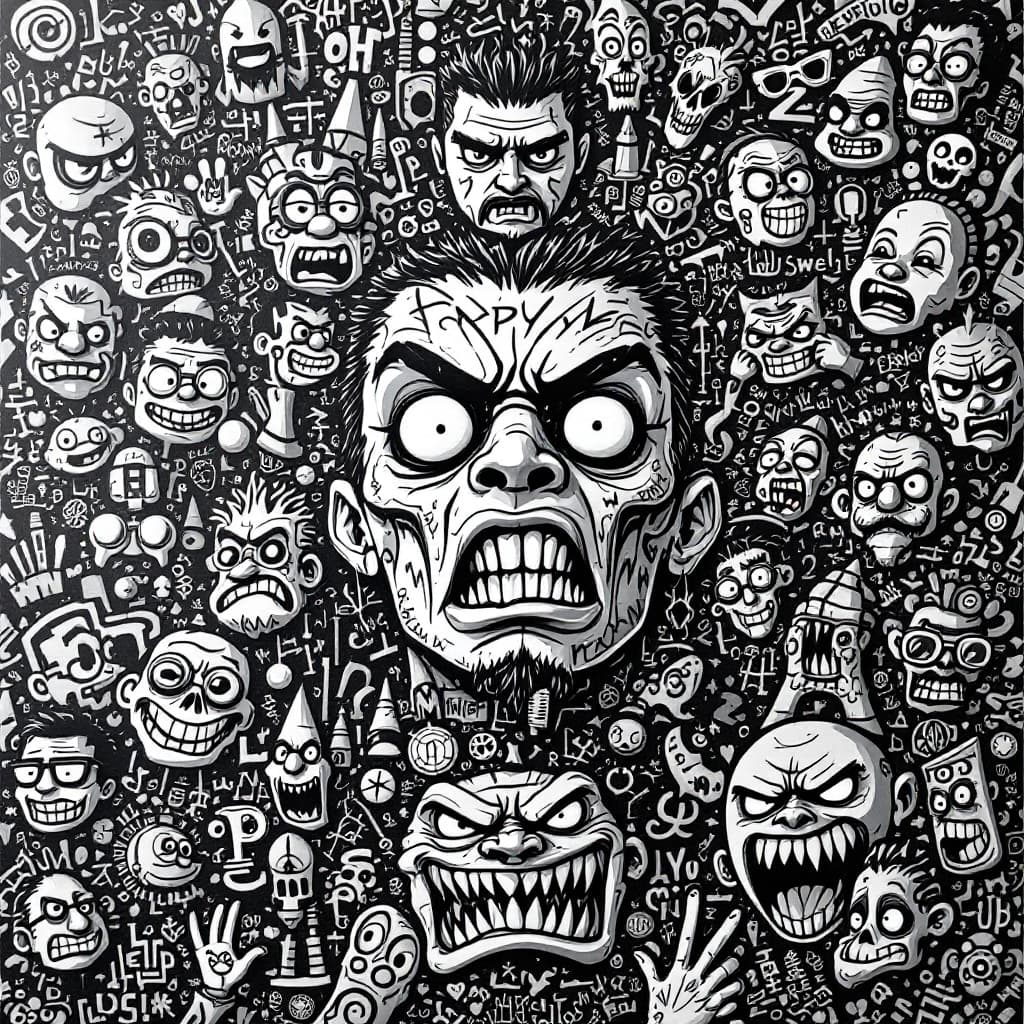 AI generated: An intricate and mainly black and white graffiti-style poster featuring various elements, such as ca...