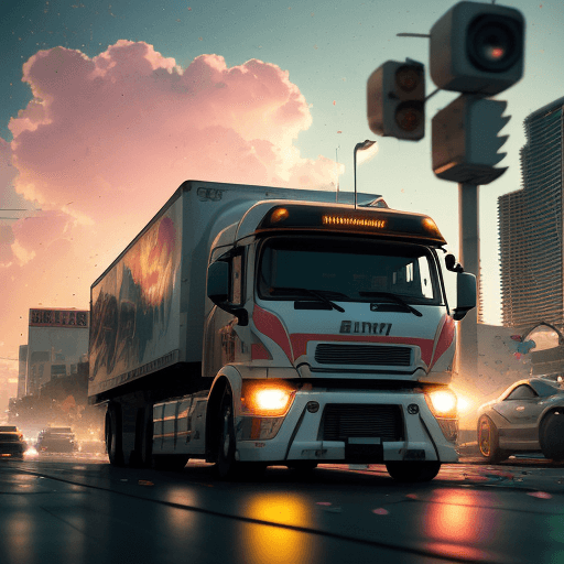 AI generated: bright sunny day beautiful cloudy sky sunset truck racing down cyberpunk Miami city streets neon sig...