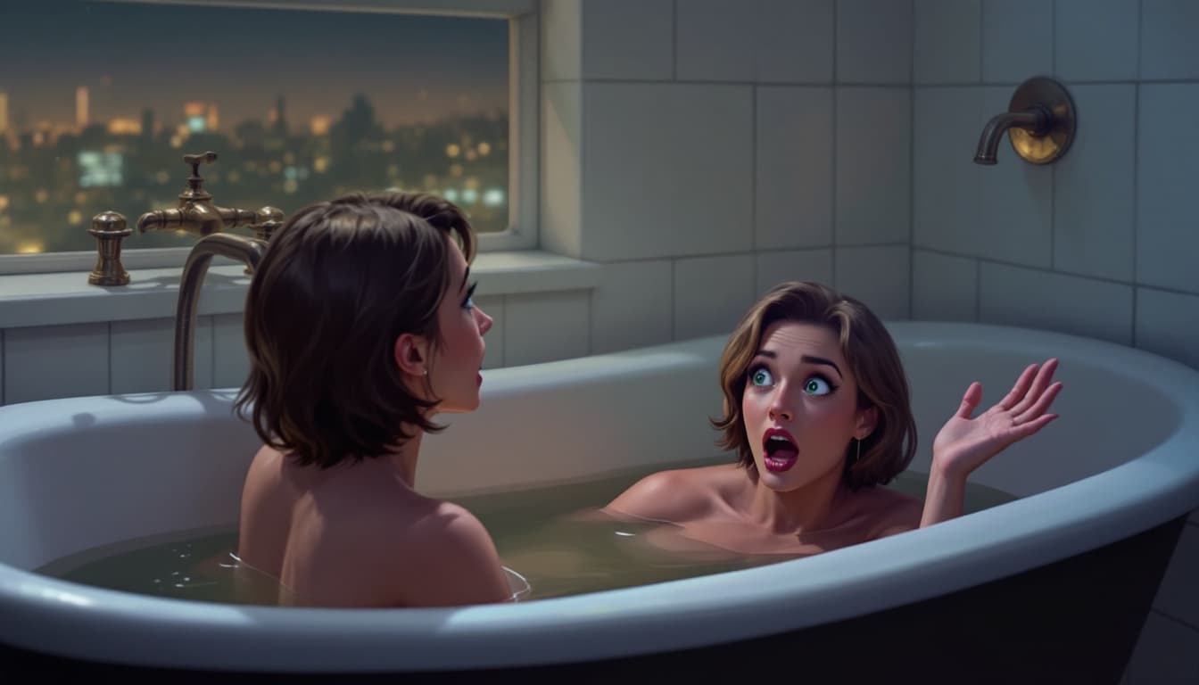 AI generated: A detailed digital illustration in the style of Dimitry Roulland, featuring a woman in a bathtub, fa...