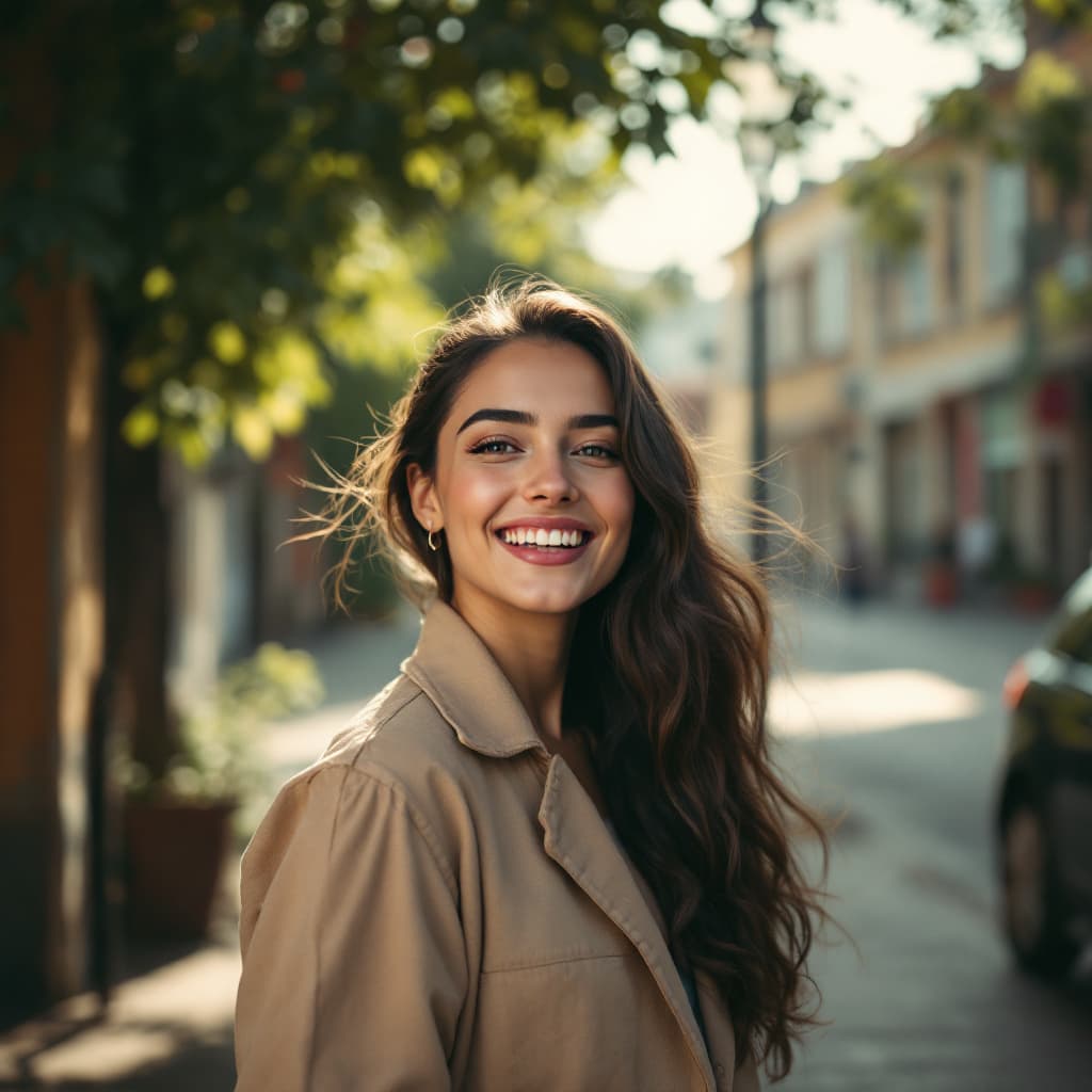 AI generated: show me the woman in the previous photo but happy






