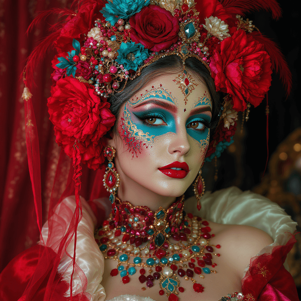 AI generated: beautiful red, blue and gold makeup on a woman, in the style of venetian scenes, hyperrealistic scul...