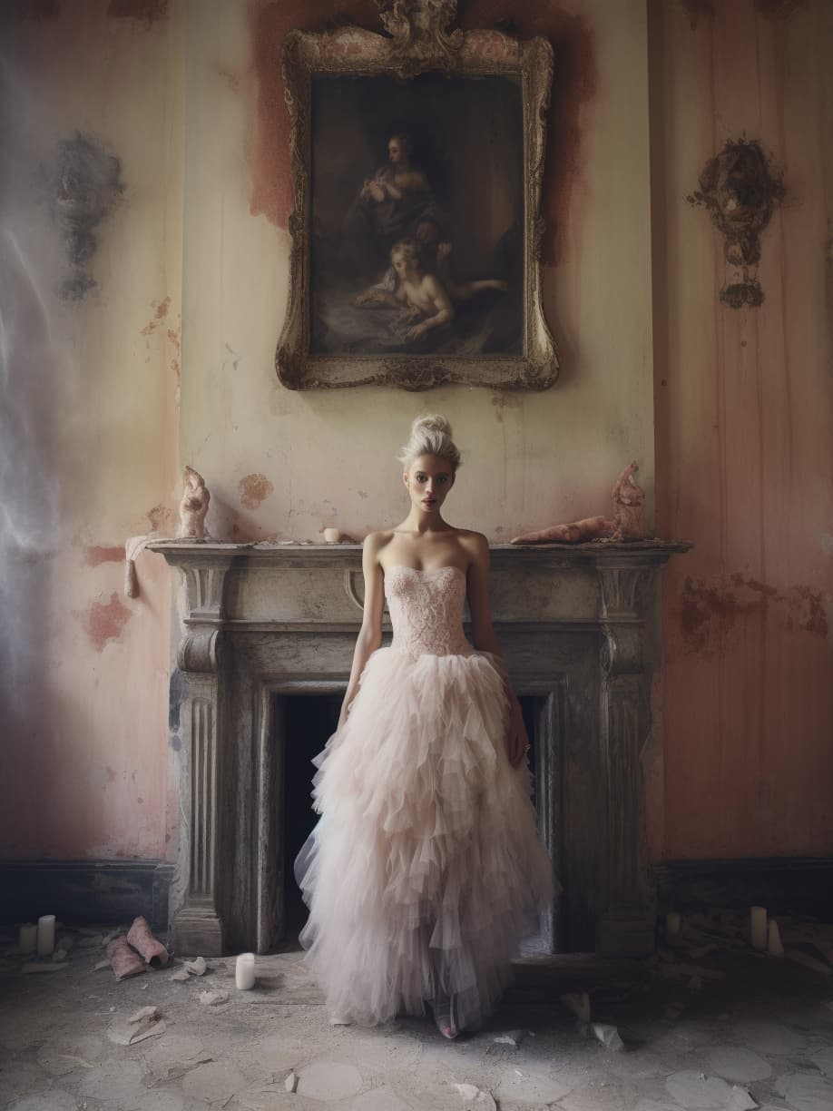 AI generated: a woman standing next to a fireplace in a room, style of paolo roversi, wearing a pink tutu, still f...