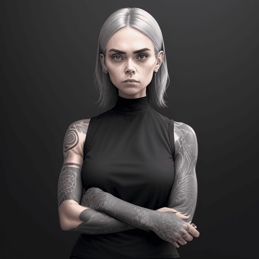AI generated: a woman in black shirt with her arms folded against , in the style of tattoo, normcore, dark silver ...