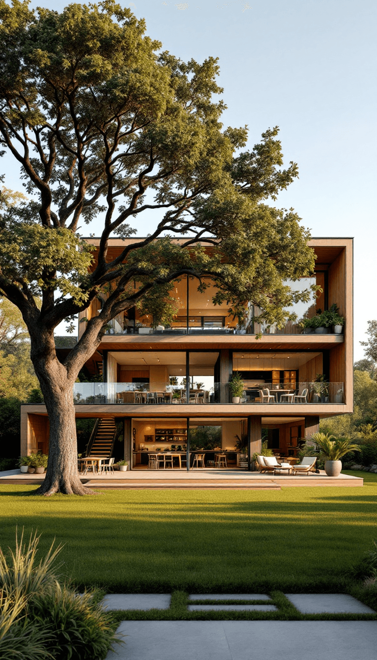 AI generated: A wide-angle shot of a two-story modern cottage house, with the second floor stretching across in wi...