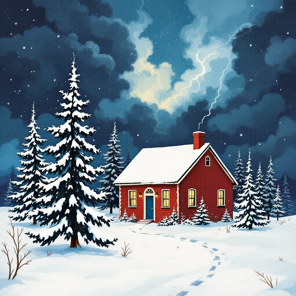 AI generated: a red house with a chimney and trees in the snow with a Stormy clouds, lightning, sky behind it and ...
