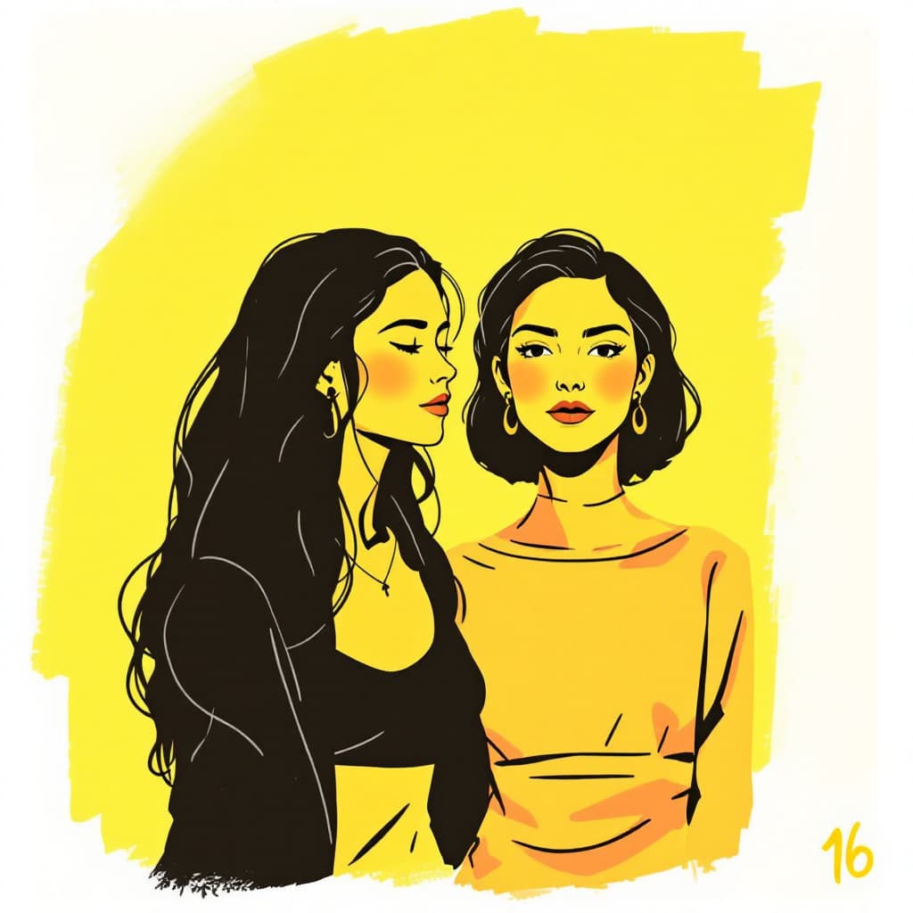 AI generated: illustration, women, two, yellow, outlines --ar 9:16