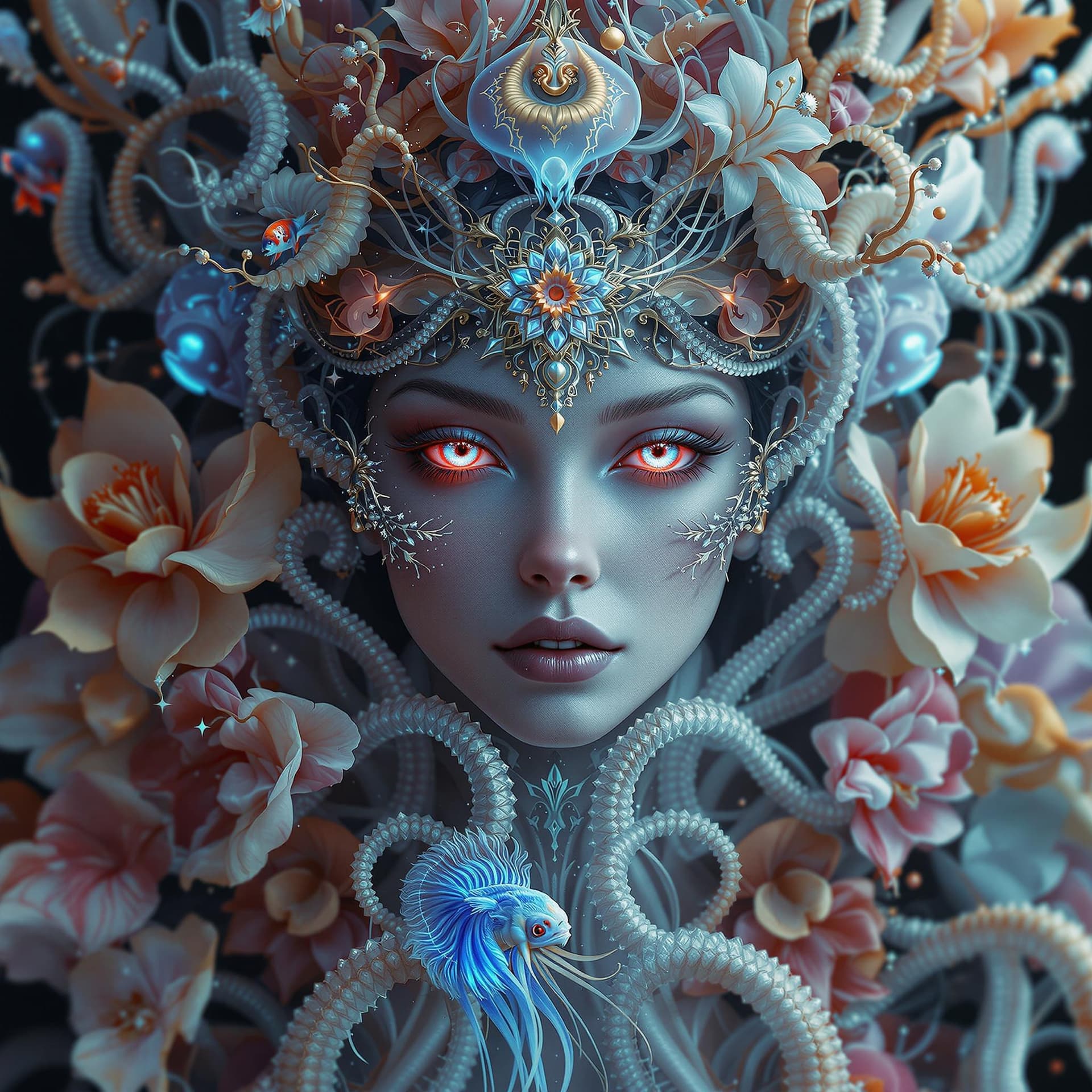 AI generated: Goddess close-up portrait ribcagel. jellyfish phoenix head, nautilus, orchid, skull, betta fish, bio...