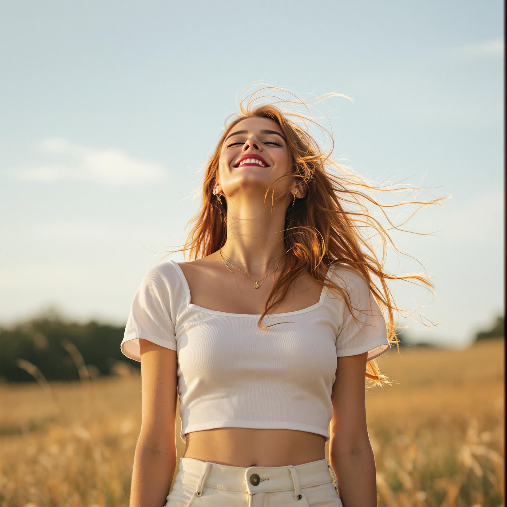 AI generated: Foto de cuerpo entero de una chica peliroja, vestida con un top blanco de manga corta y pantalones c...