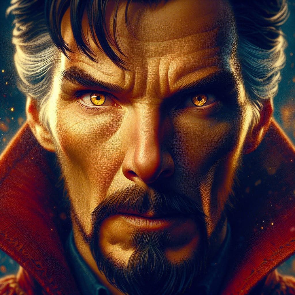 AI generated: Close-up of face of Doctor Strange of Marvel, yellow eyes, Masterpiece, gigantic scale, ascii-art --...