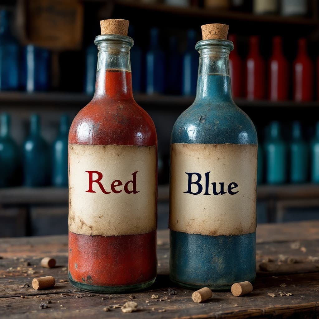 AI generated: An old-fashioned bottle with a plain old dirty looking and aged paper label that says "Red" in an ol...