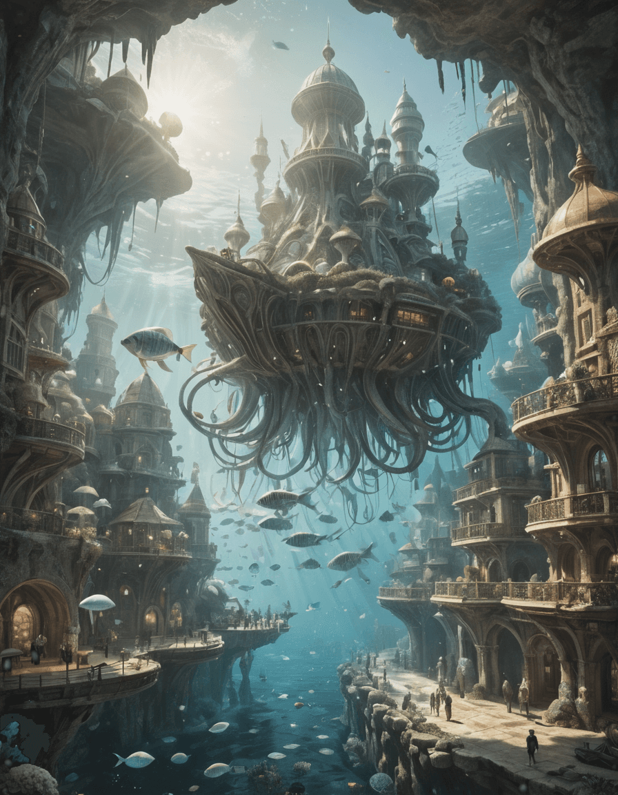 AI generated: An underwater city, inhabited by intelligent octopuses wearing Victorian-era clothing. Giant, biolum...