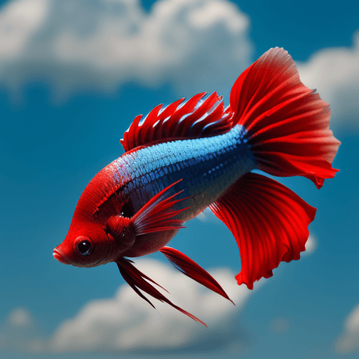 AI generated: flying red and blue betta fish, in a cloudy sunny sky