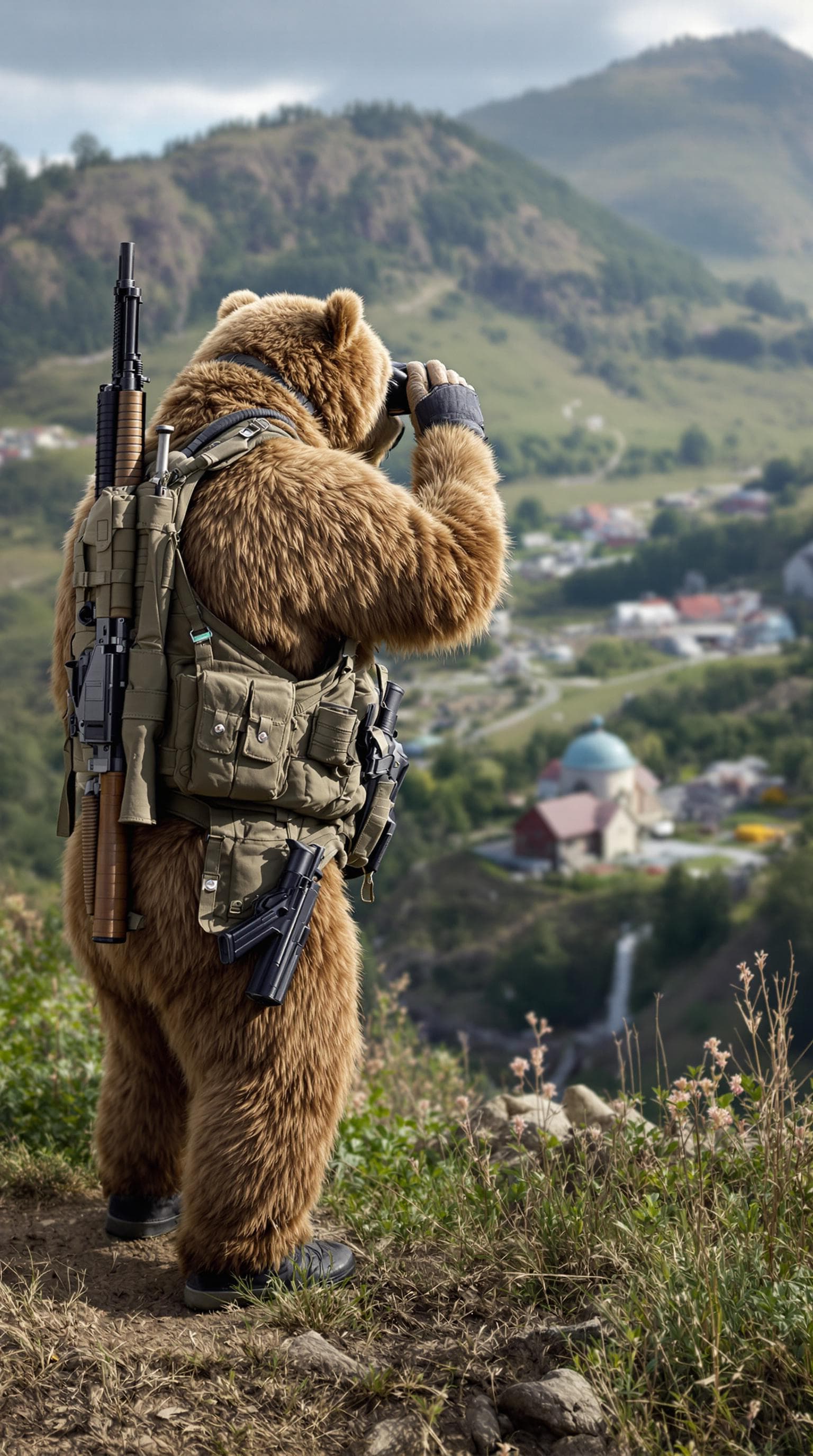 AI generated: hyper realistic photo of a brown bear wearing an army uniform, rifle on back, handgun in holster, st...