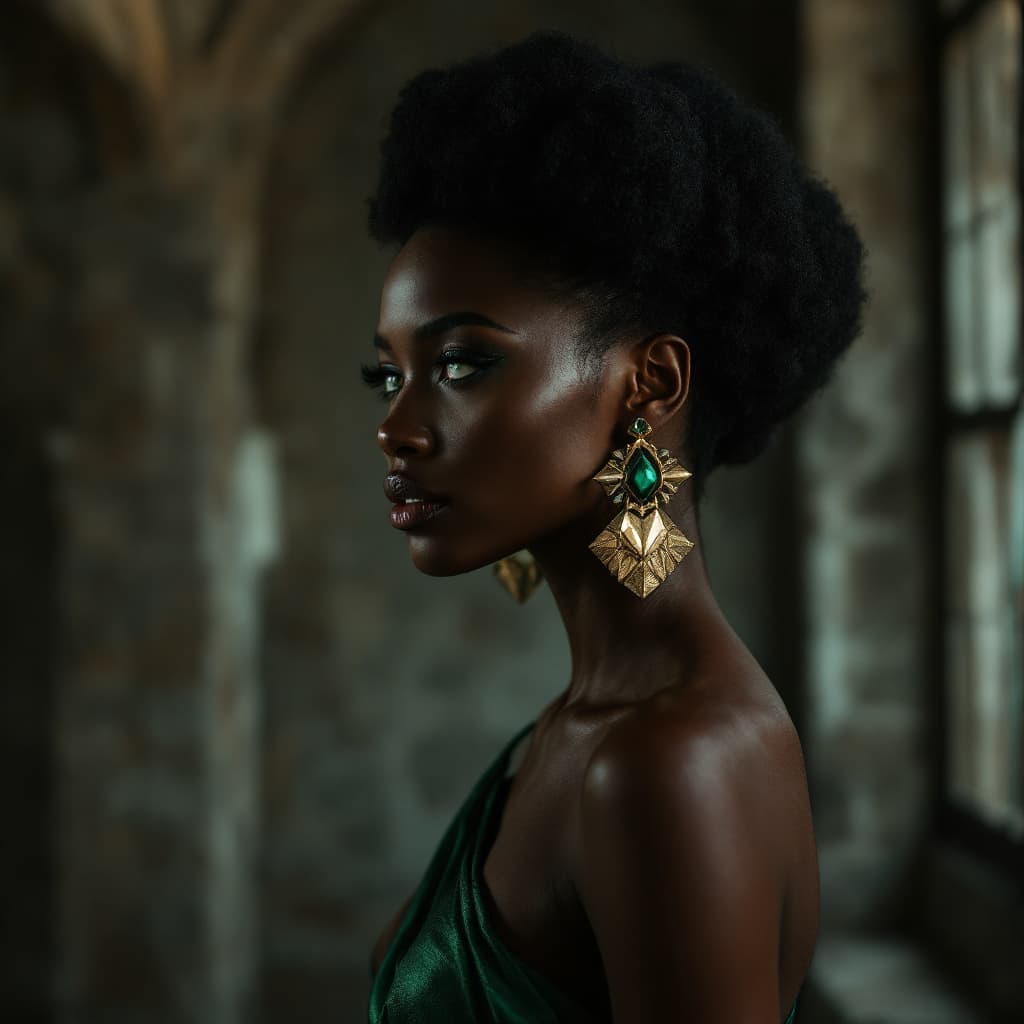 AI generated: “Side profile of a Black woman with an afro sculpted into a geometric shape, green emerald eyes, bar...