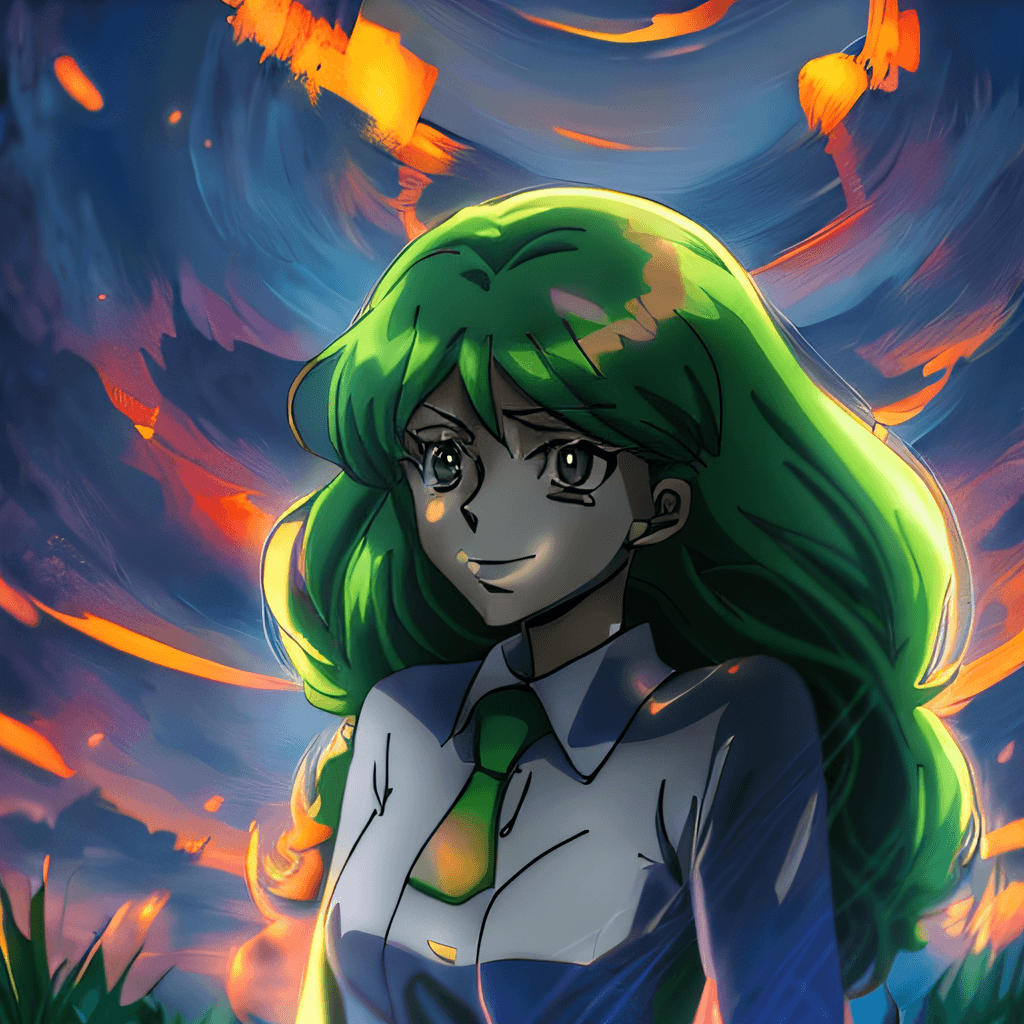 AI generated: Anime girl with green hair and tie, standing in front of a cloudy sky, anime art style, anime artsty...