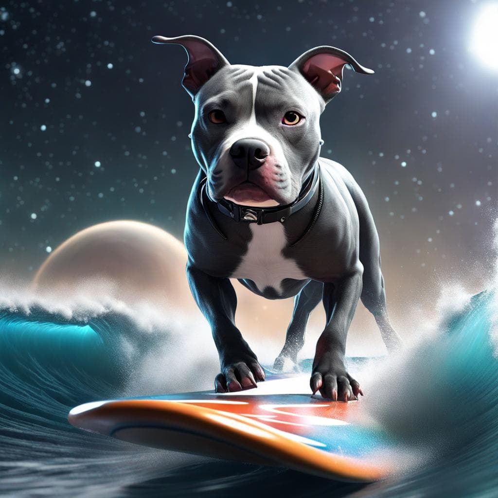 AI generated: a dark gray coat pit bull with white paws and a white nose!, trending on artstation surfing on a sur...