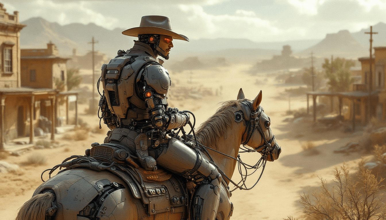 AI generated: A cyber-enhanced cowboy in the 'Cybernetic Wild West', with robotic limbs and high-tech gear, riding...