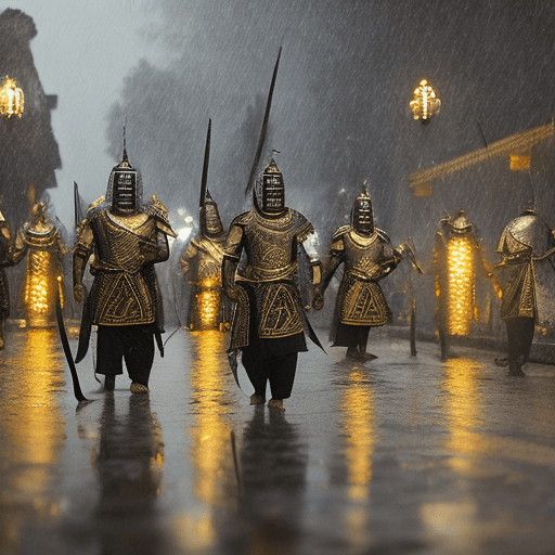 AI generated: 12th-century Majapahit warriors in Patih Gaja Mada style, intricate black and gold Majapahit armor, ...
