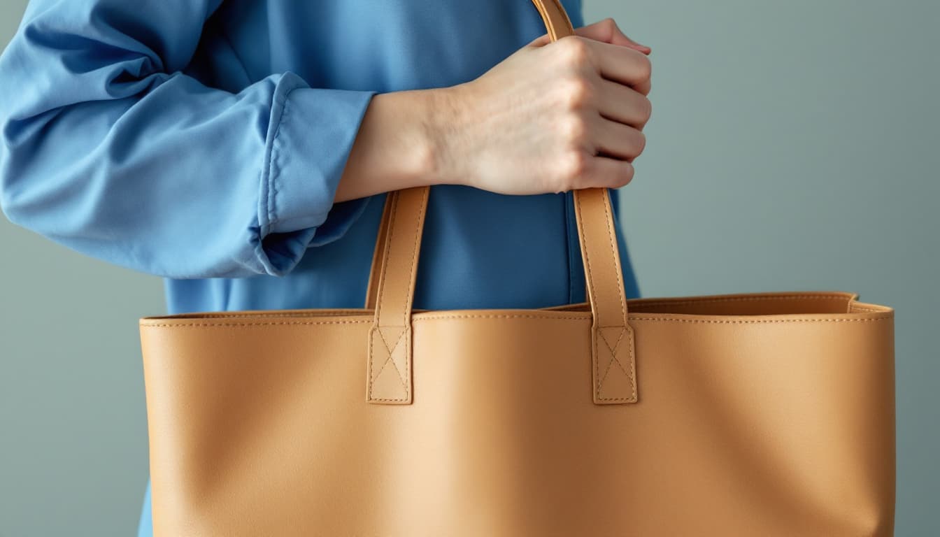 AI generated: Close-up of a Japanese female worker’s torso and right arm, wearing a blue work uniform. She is hold...