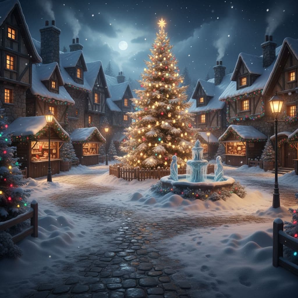 AI generated: "Snow-covered village square at midnight, festive lights glowing, immersive 3D texture