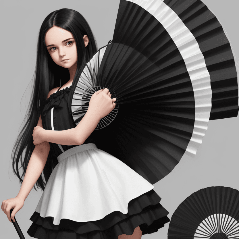 AI generated: portrays a young girl with long, dark hair, wearing a black and white outfit, holding a large black ...