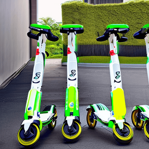AI generated: Green brand electric scooter kicksharing parking place