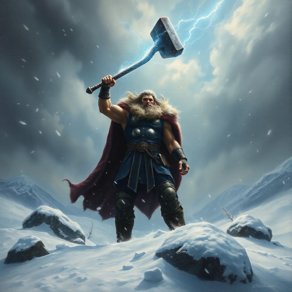 AI generated: Epic dark fantasy oil painting capturing the raw, mythological power of Thor, the Norse god of thund...