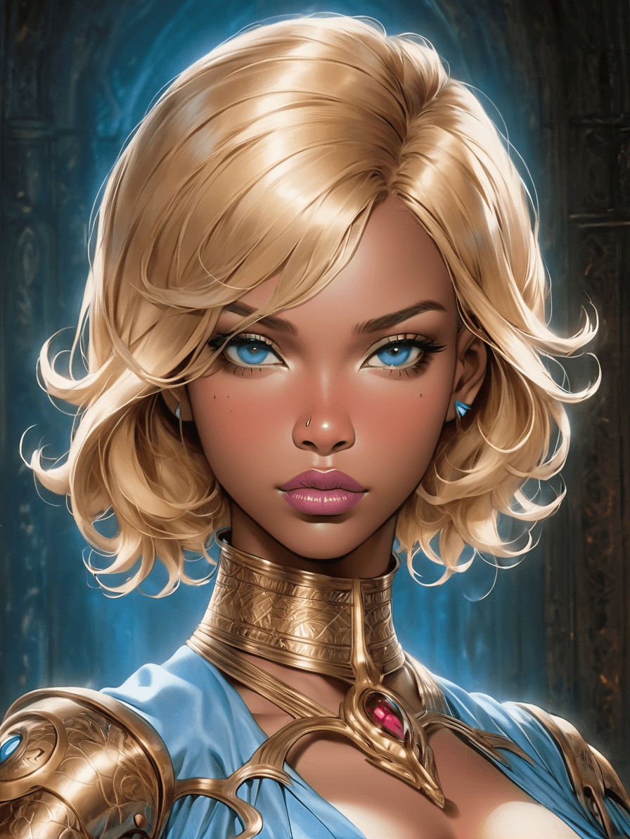 AI generated: Gothic style luscious Small-boned ((african american):1.5) Belle, Tall, Pear Face, copper Skin, blon...