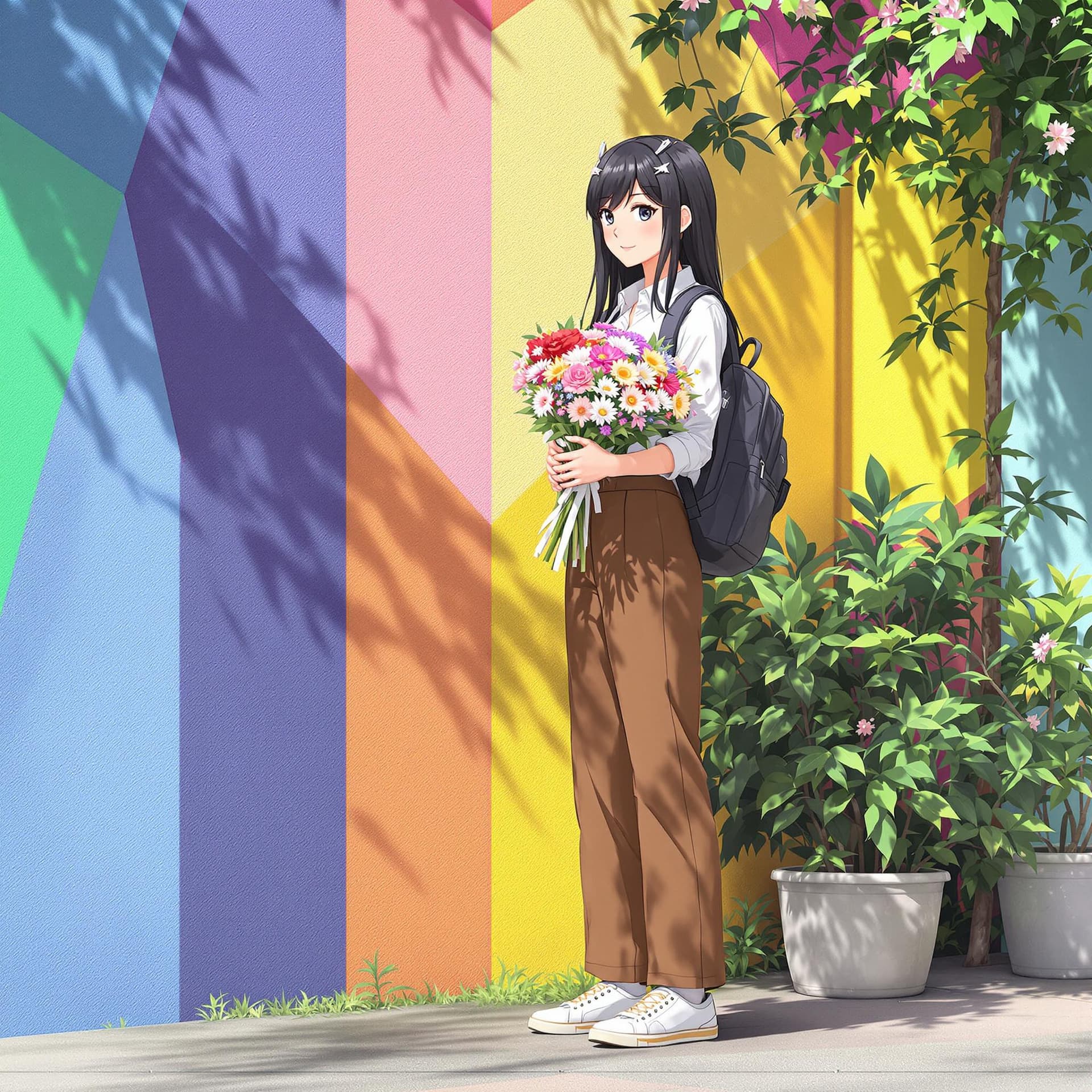 AI generated: In the image, ((full body:1.4)), anime seen standing outdoors, holding a bouquet of flowers. black h...
