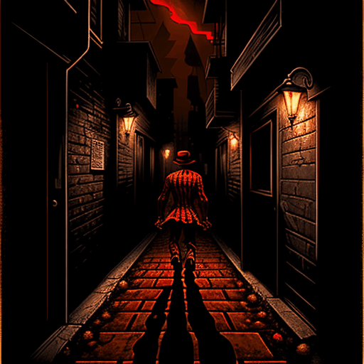 AI generated: 2ad illustration, Freddy Kruger, dark alley, coming toward camera, [crimson:gold:sepia]