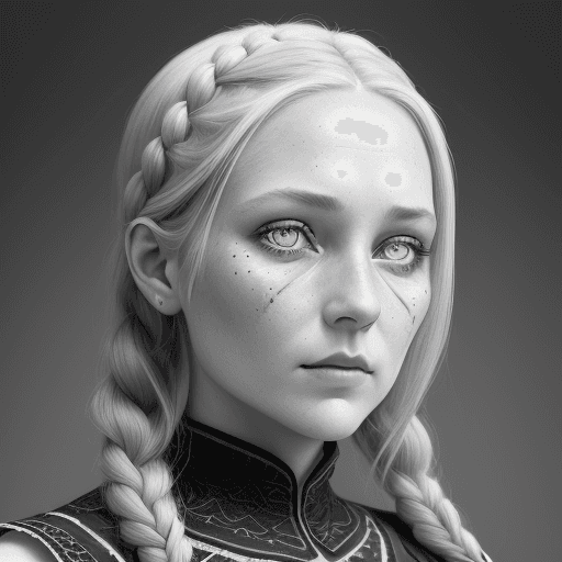 AI generated: 30-year-old Colgne woman in Sweden , greyscale photography, round face, double eyelids, blue pupils,...