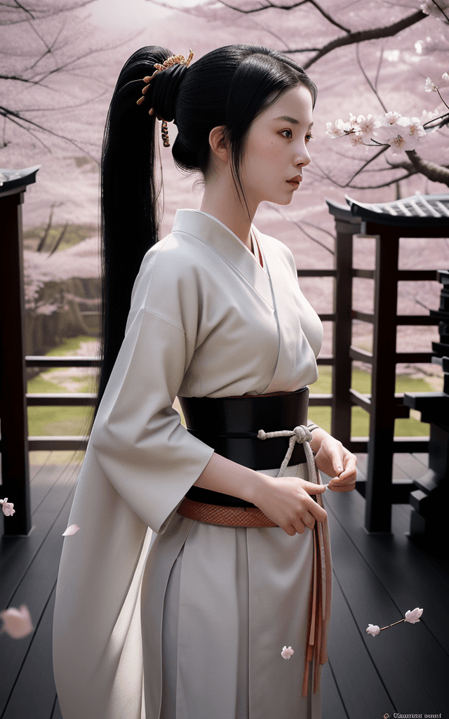 AI generated: Young Samurai with long black hair and ponytail, wearing samurai armor, standing in a Japanese templ...