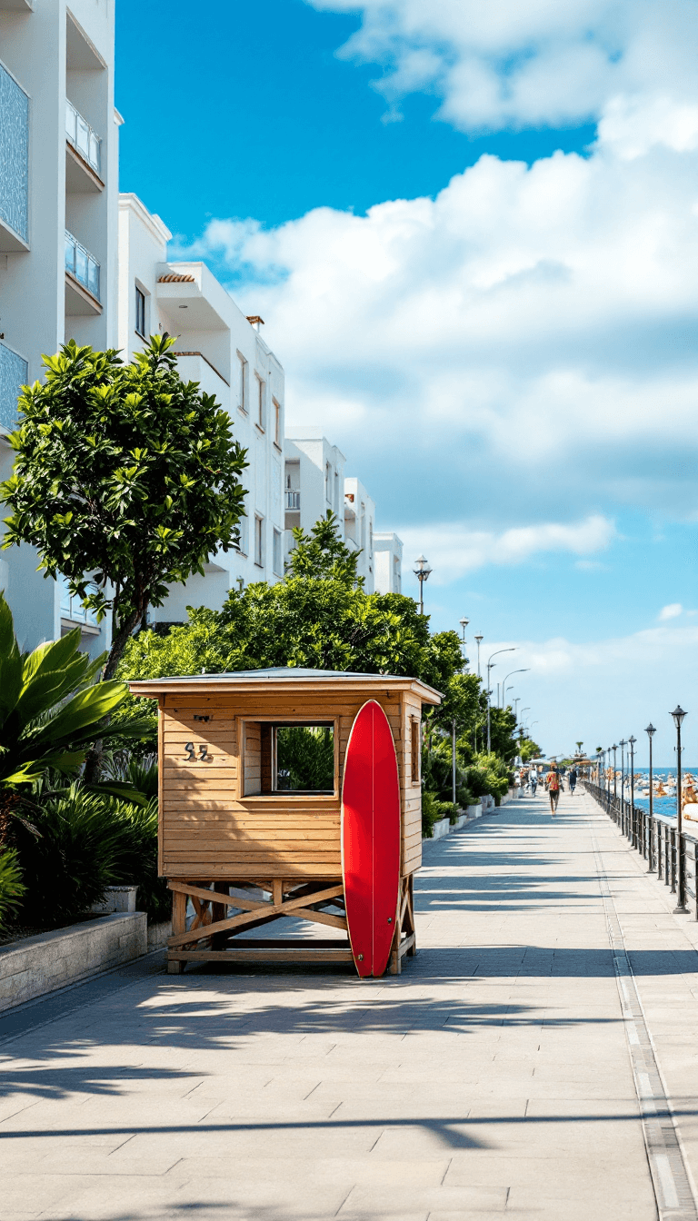 AI generated: A high-quality vertical composition of a peaceful promenade by the sea. The clean design of light-co...