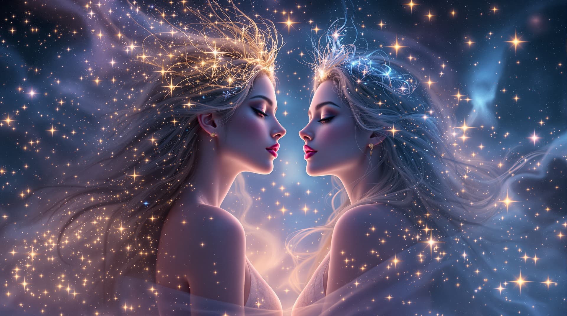 AI generated: An ethereal vision of two captivating hyper realistic female figures, bathed in the celestial glow o...