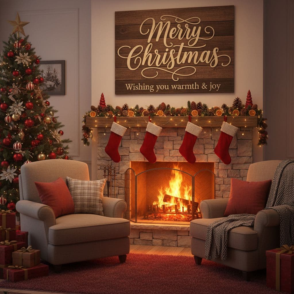 AI generated: Cozy fireplace background, “Merry Christmas” in Great Vibes, subtext in sans-serif.